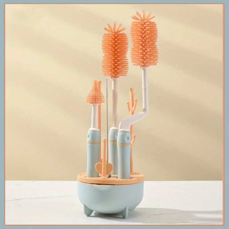 Portable 6 in 1 Baby Bottle Cleaner Set with Drying Rack