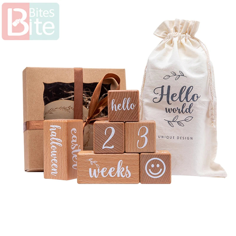 Wooden Baby Milestone Blocks – 6pcs Beech Photo Props