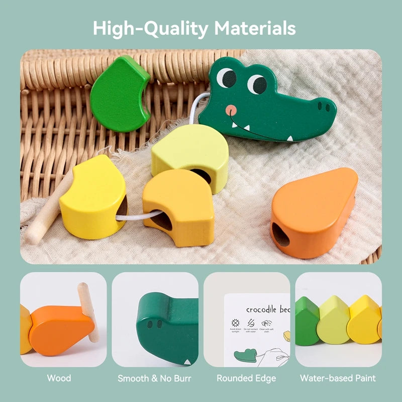 Montessori Wooden Crocodile Bead String Toy