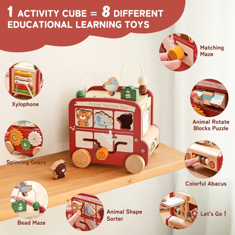 Baby Montessori Busy Box – Wooden Learning Bus Toy