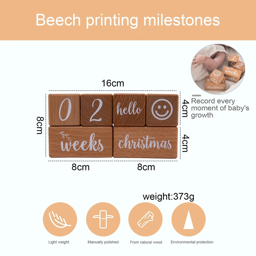 Wooden Baby Milestone Blocks – 6pcs Beech Photo Props