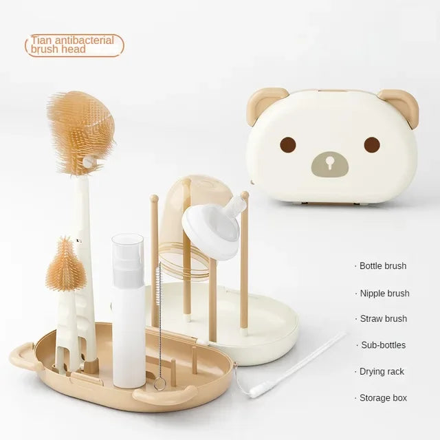 Baby Bottle Cleaning Brush Set with Drying Rack – Travel Size, Silicone Bristles