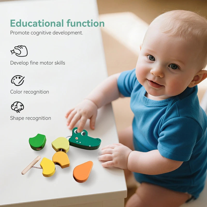 Montessori Wooden Crocodile Bead String Toy