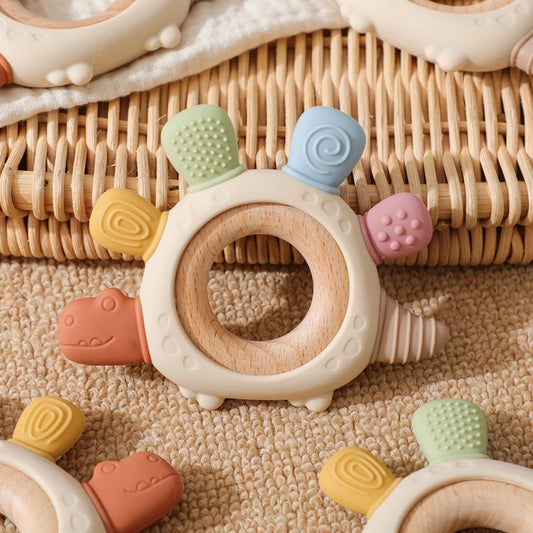 Baby Silicone Teether – Dinosaur & Wooden Ring Toy