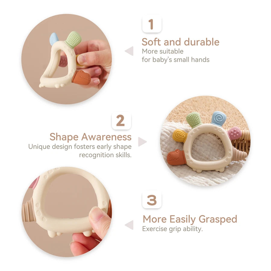 Baby Silicone Teether – Dinosaur & Wooden Ring Toy
