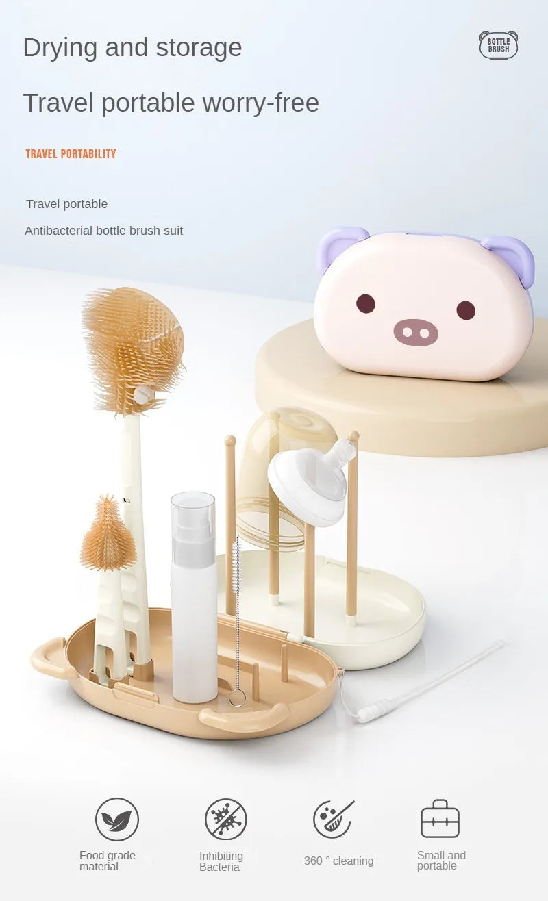 Baby Bottle Cleaning Brush Set with Drying Rack – Travel Size, Silicone Bristles