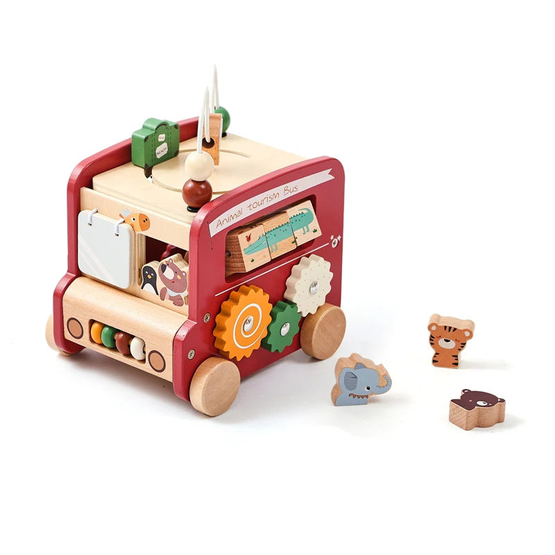 Baby Montessori Busy Box – Wooden Learning Bus Toy