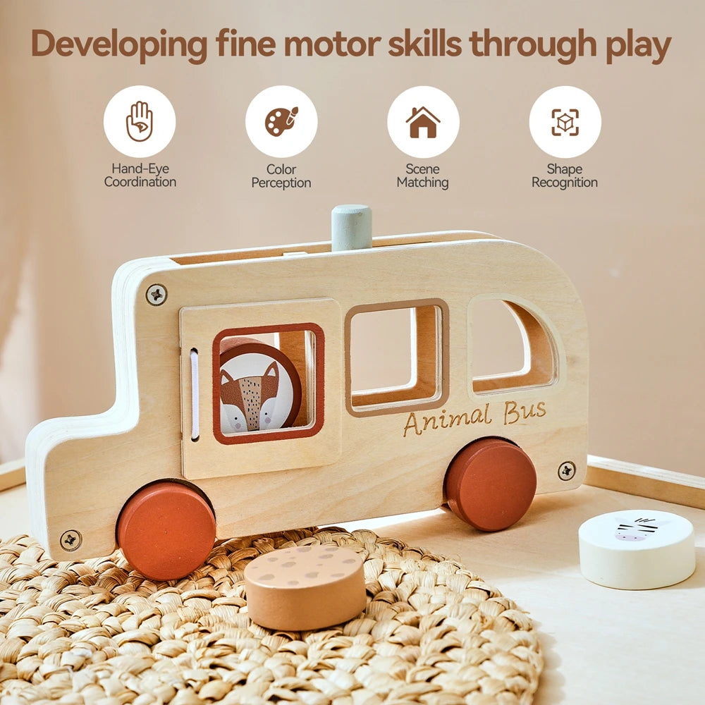 Montessori Wooden Animal Bus – Educational Baby Toy