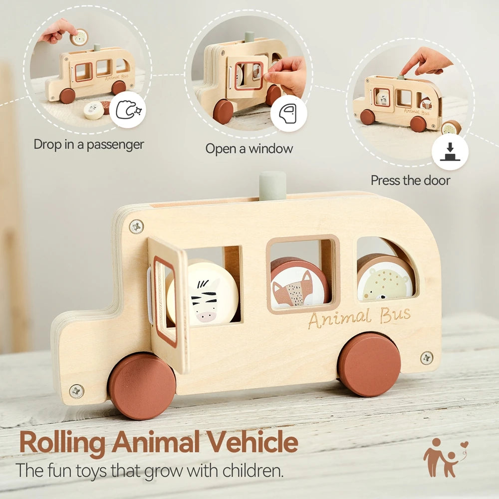 Montessori Wooden Animal Bus – Educational Baby Toy
