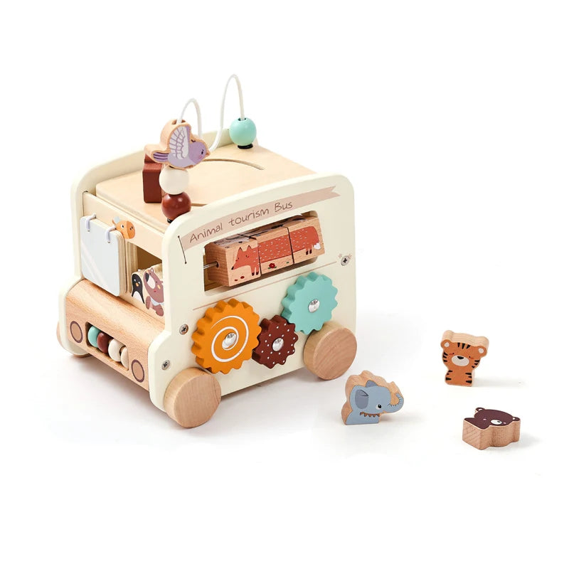Baby Montessori Busy Box – Wooden Learning Bus Toy