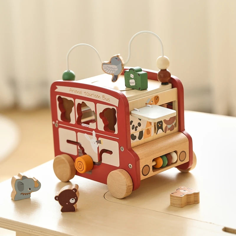 Baby Montessori Busy Box – Wooden Learning Bus Toy