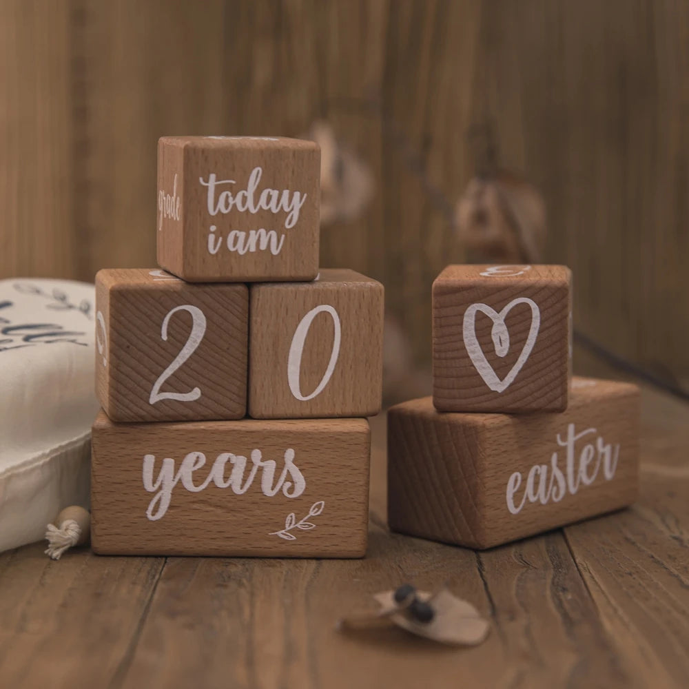Wooden Baby Milestone Blocks – 6pcs Beech Photo Props