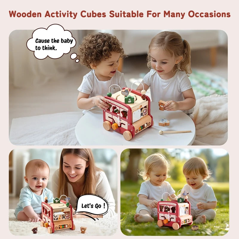 Baby Montessori Busy Box – Wooden Learning Bus Toy