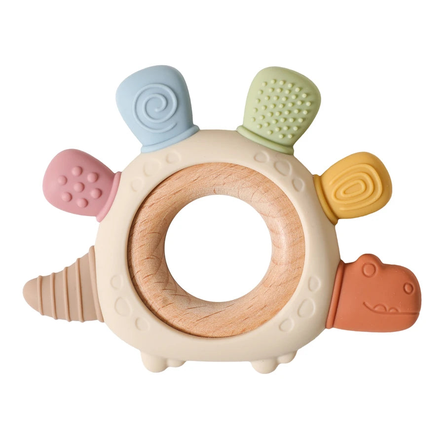 Baby Silicone Teether – Dinosaur & Wooden Ring Toy