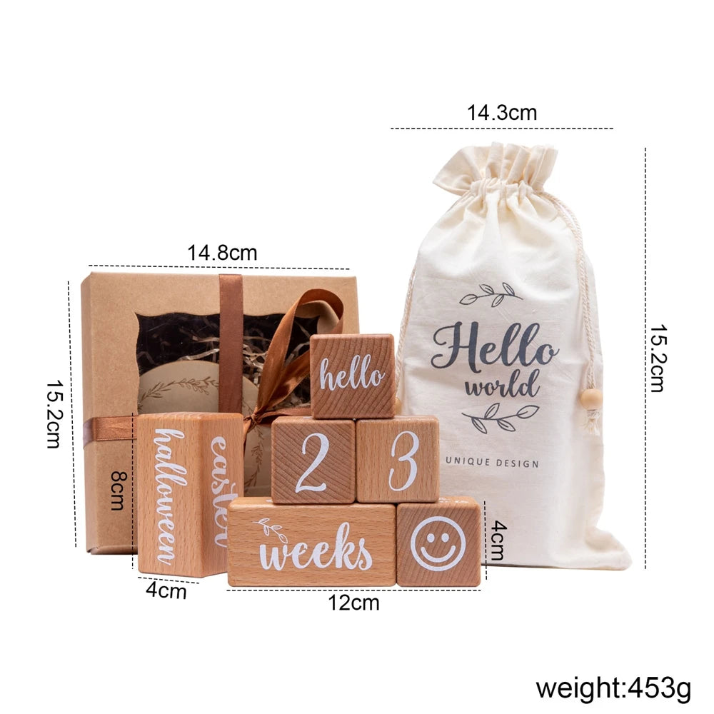 Wooden Baby Milestone Blocks – 6pcs Beech Photo Props