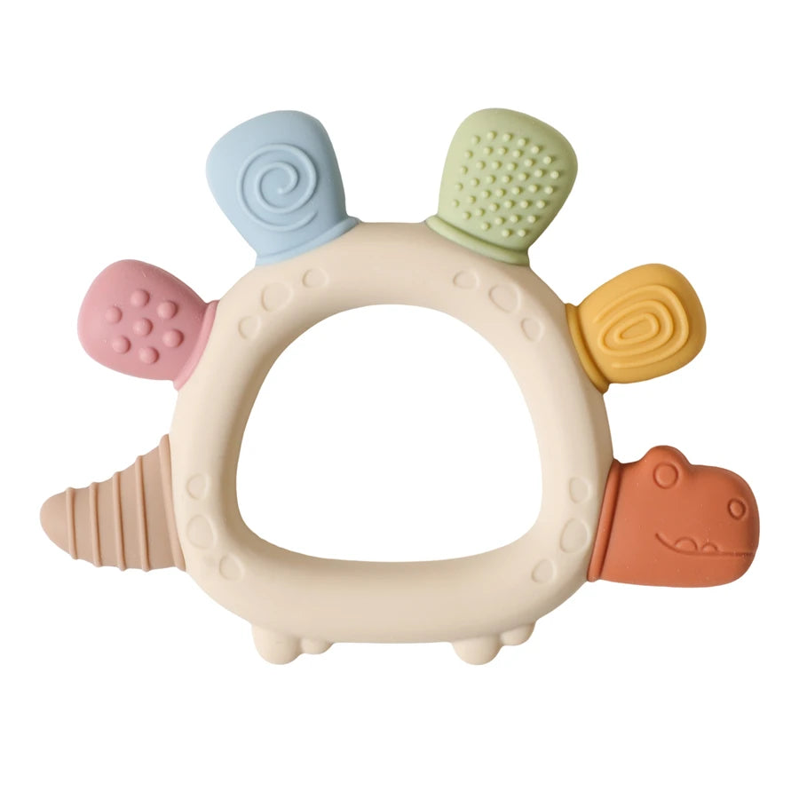 Baby Silicone Teether – Dinosaur & Wooden Ring Toy