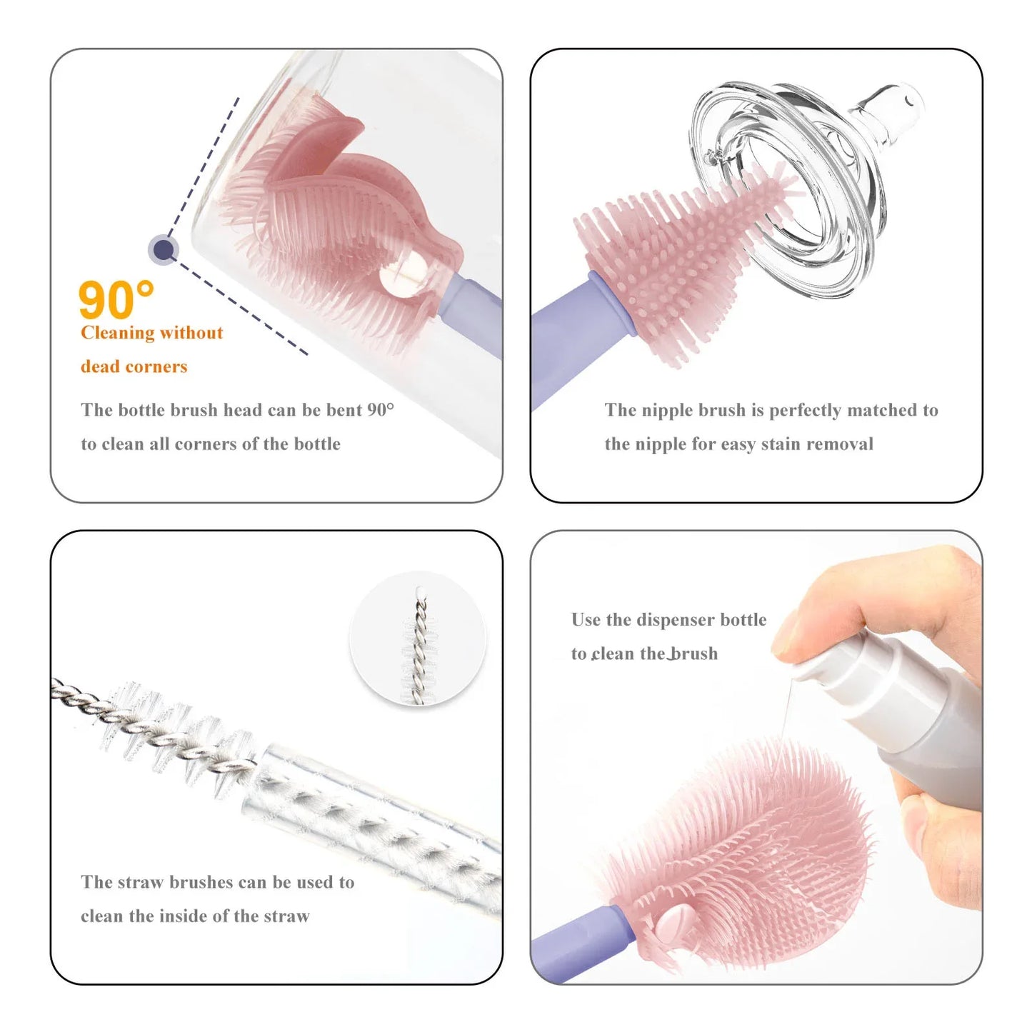 Baby Bottle Cleaning Brush Set with Drying Rack – Travel Size, Silicone Bristles