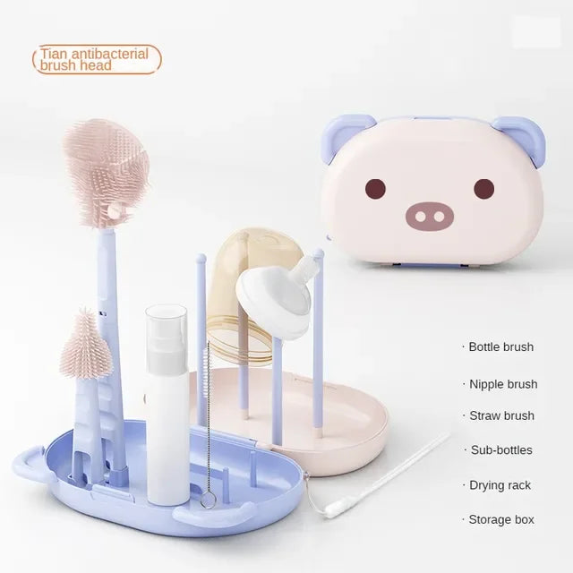 Baby Bottle Cleaning Brush Set with Drying Rack – Travel Size, Silicone Bristles