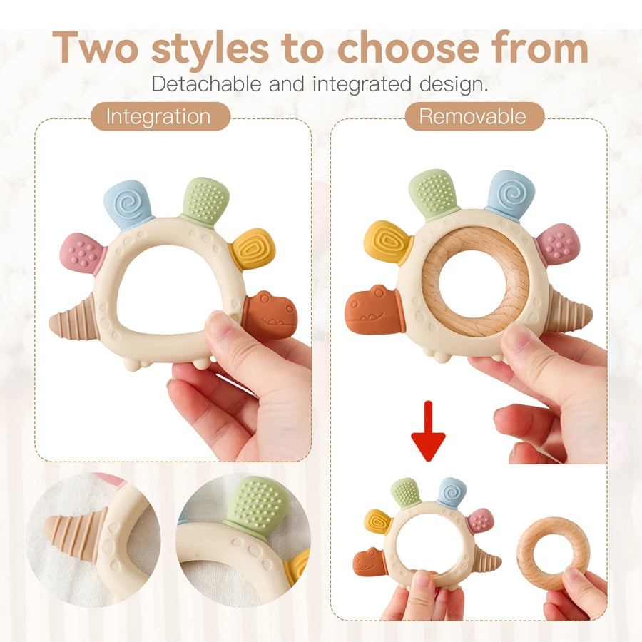 Baby Silicone Teether – Dinosaur & Wooden Ring Toy