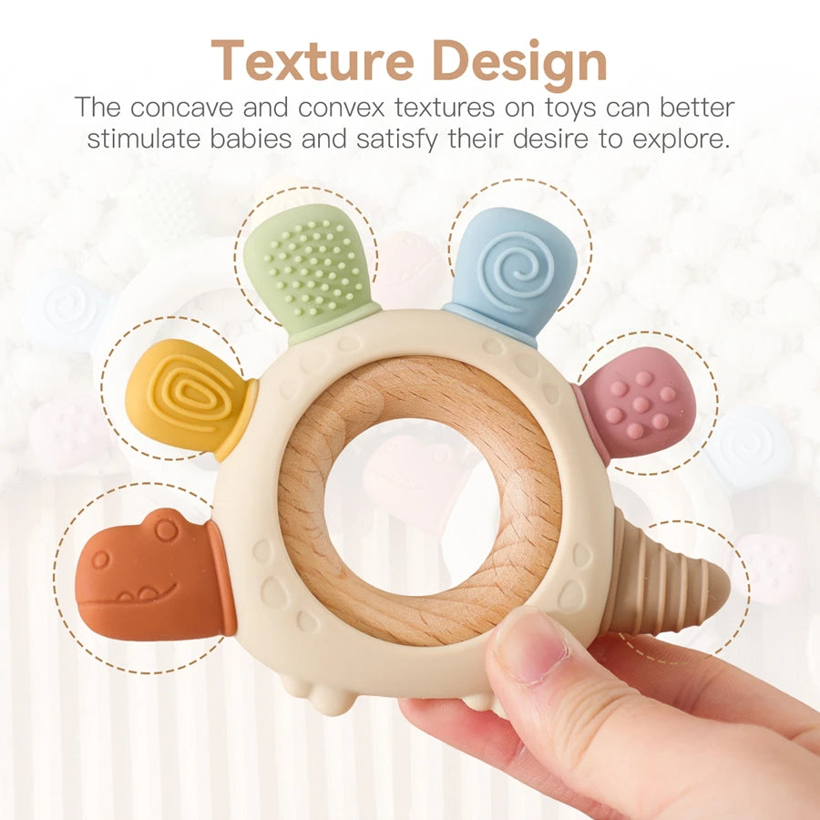 Baby Silicone Teether – Dinosaur & Wooden Ring Toy