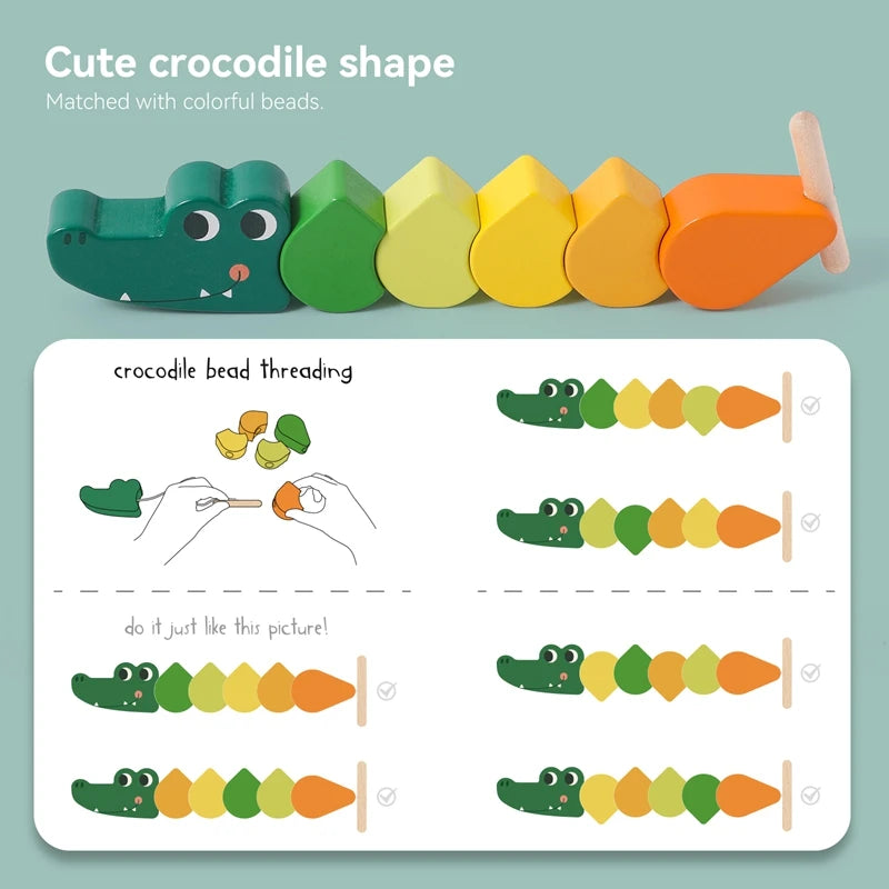 Montessori Wooden Crocodile Bead String Toy