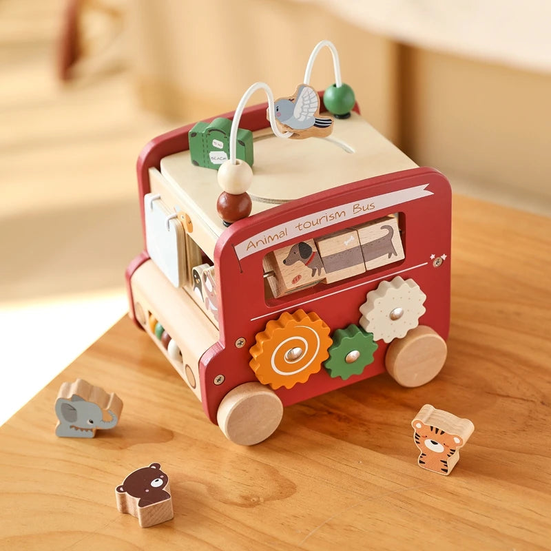 Baby Montessori Busy Box – Wooden Learning Bus Toy