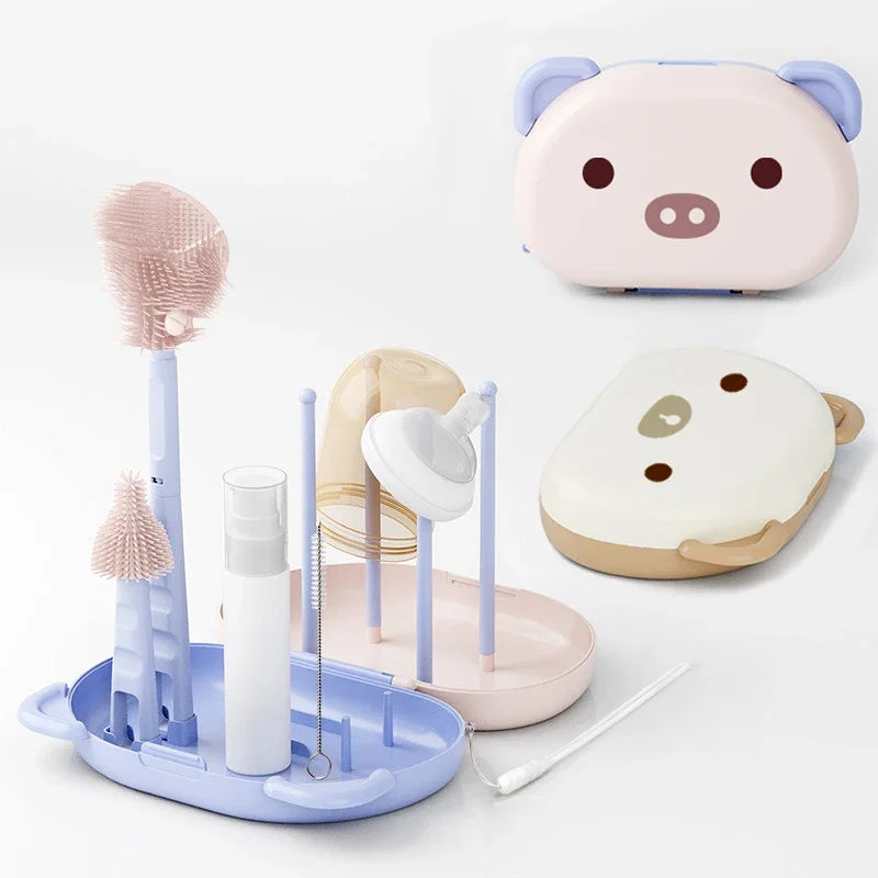 Baby Bottle Cleaning Brush Set with Drying Rack – Travel Size, Silicone Bristles