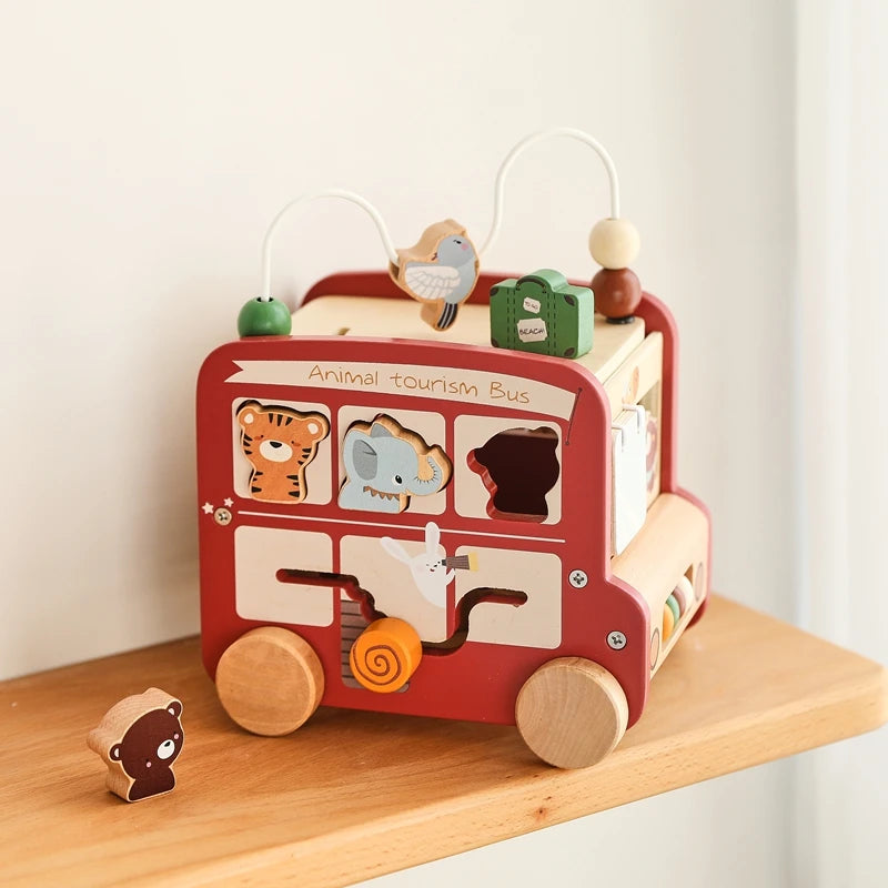 Baby Montessori Busy Box – Wooden Learning Bus Toy