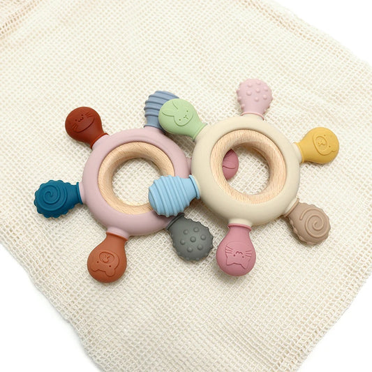 Silicone Baby Teether with Wooden Ring