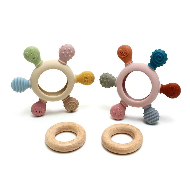 Silicone Baby Teether with Wooden Ring