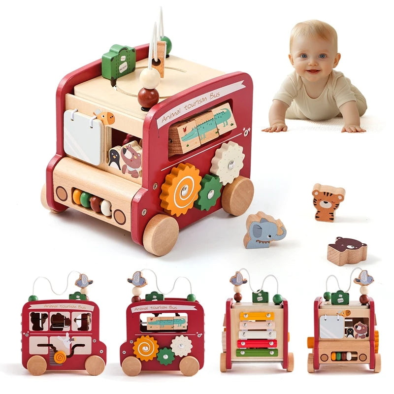 Baby Montessori Busy Box – Wooden Learning Bus Toy